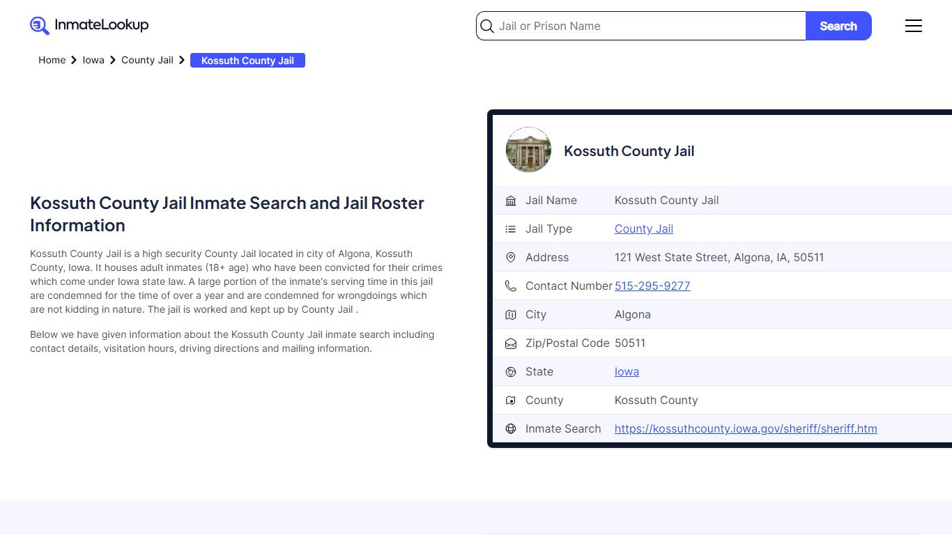 Kossuth County Jail (IA) Inmate Search Iowa - Inmate Lookup